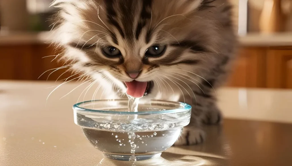 kitten drinking a lot of water